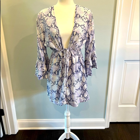 SOLD Deep V Plunge Neckline Snakeskin Blue Dress Coverup XL cinch waist - Picture 1 of 11